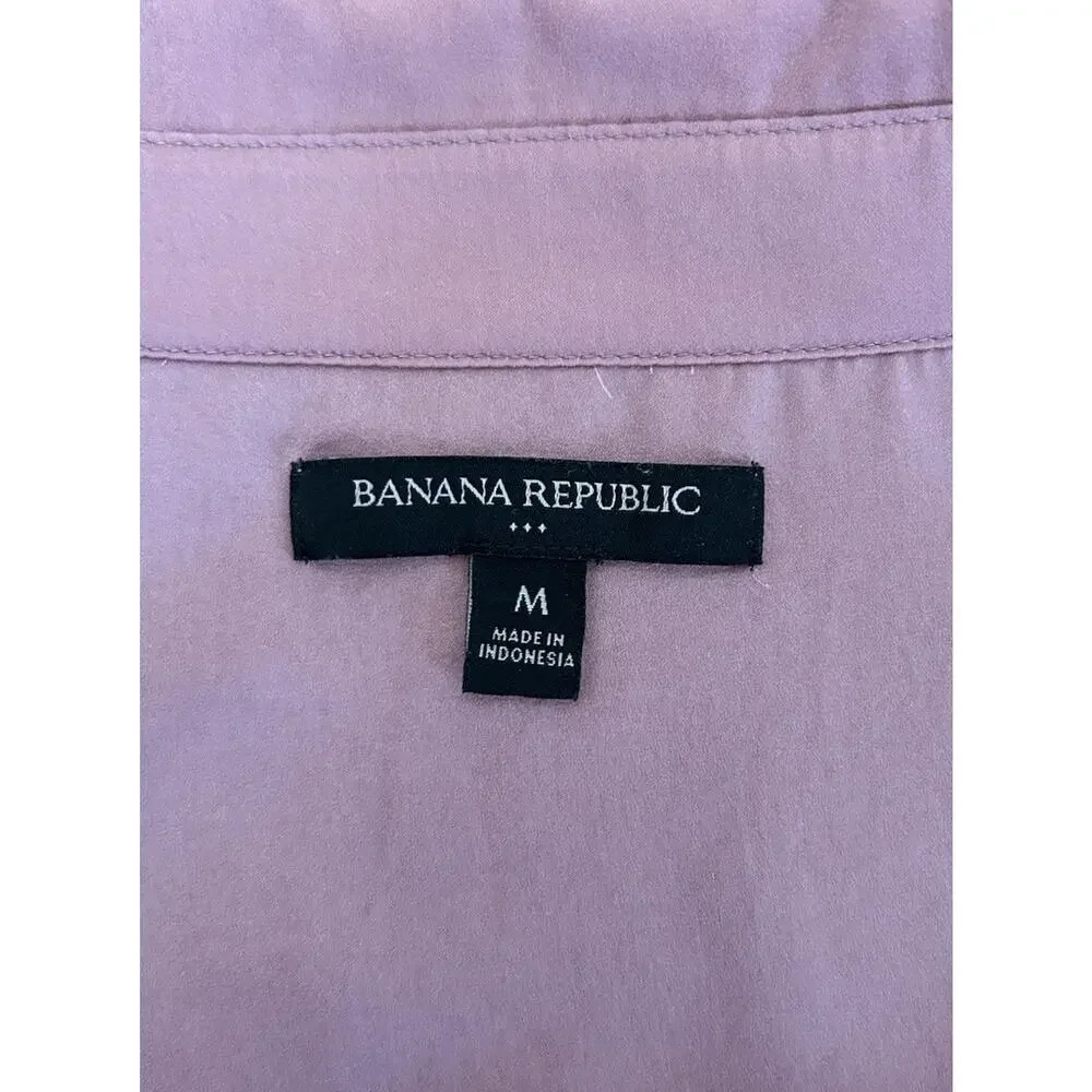 Banana Republic Pink Satin Blouse Size Med V-Neck Pleated Puff Long Sleeve Top